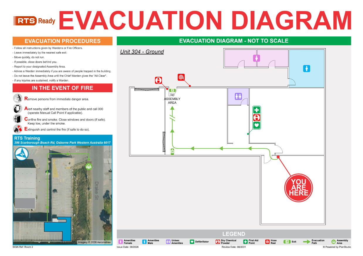 Example AS 3745-2010 compliant evacuation diagram produced by RTS Ready