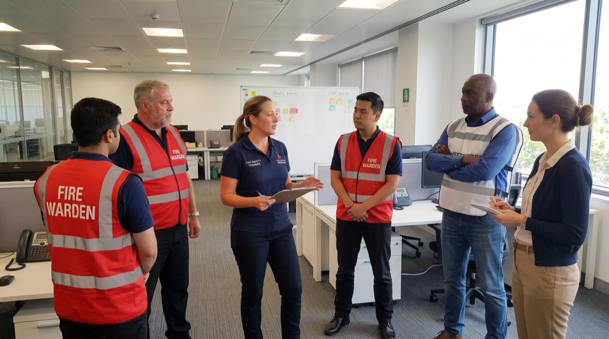 A trainer briefing an Emergency Control Organisation on site, with wardens and the Chief Warden in their identification vests