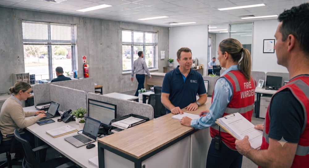 A compliance specialist walking a workplace checking exits and fire safety installations